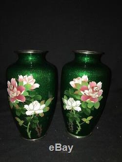 7 3/8 Pr Japanese Green Floral Cloisonné Vases