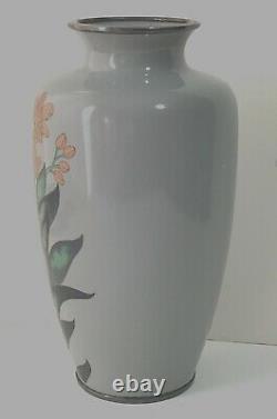 7 Japanese Cloisonné Enameled INABA Gray Elegant Vase Silver Rim