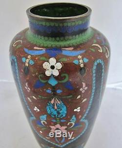 8.3 Antique Japanese Meiji Black & Goldstone Cloisonne Vase with Flowers & Stand