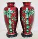 9.7 Pair Of Vintage Japanese Pigeon Blood Red Cloisonne Bamboo Vases With Stands