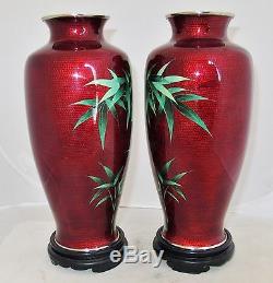 9.7 Pair of Vintage Japanese Pigeon Blood Red Cloisonne Bamboo Vases with Stands