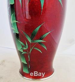 9.7 Pair of Vintage Japanese Pigeon Blood Red Cloisonne Bamboo Vases with Stands