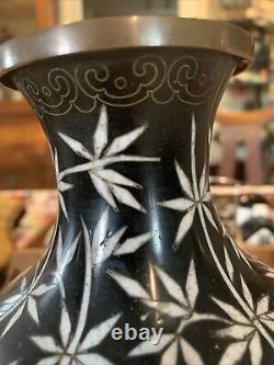 9 Meiji Antique High Japanese Period Cloisonne Vase Black White Bamboo Rare