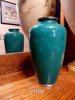 ANDO Japan JAPANESE Green GLASS 7.25 WIRE CLOISONNE Foliate Motif OVOID VASE
