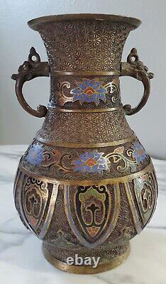 ANTIQUE BRONZE JAPANESE CLOISONNE INLAY VASE with Zodiac Animals