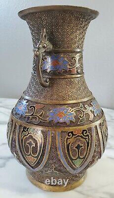 ANTIQUE BRONZE JAPANESE CLOISONNE INLAY VASE with Zodiac Animals