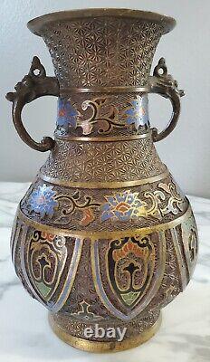 ANTIQUE BRONZE JAPANESE CLOISONNE INLAY VASE with Zodiac Animals