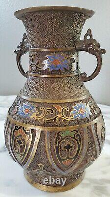 ANTIQUE BRONZE JAPANESE CLOISONNE INLAY VASE with Zodiac Animals