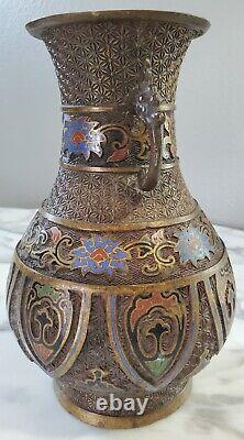 ANTIQUE BRONZE JAPANESE CLOISONNE INLAY VASE with Zodiac Animals