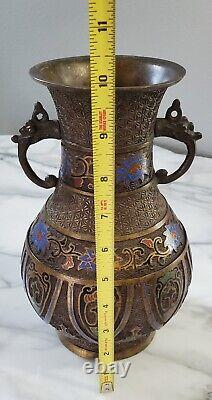 ANTIQUE BRONZE JAPANESE CLOISONNE INLAY VASE with Zodiac Animals