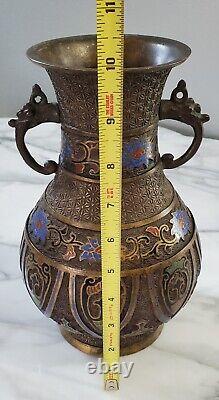 ANTIQUE BRONZE JAPANESE CLOISONNE INLAY VASE with Zodiac Animals