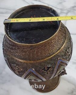 ANTIQUE BRONZE JAPANESE CLOISONNE INLAY VASE with Zodiac Animals