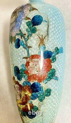 ANTIQUE Ice-Blue Japanese Cloisonne Ginbari (Silver Foil) Cloisonne Vase Brass