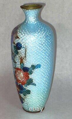 ANTIQUE Ice-Blue Japanese Cloisonne Ginbari (Silver Foil) Cloisonne Vase Brass