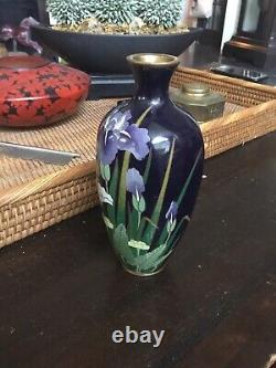 AUTHENTIC Japanese Meiji Small Vase Blk Flowers Iris Enamel Cloisonné Beautiful