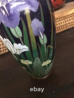 AUTHENTIC Japanese Meiji Small Vase Blk Flowers Iris Enamel Cloisonné Beautiful