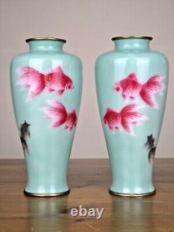 A Beautiful Pair Of Japanese Wireless Cloisonne Goldfish Vases