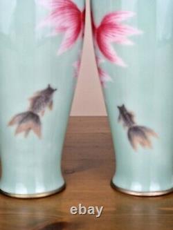 A Beautiful Pair Of Japanese Wireless Cloisonne Goldfish Vases