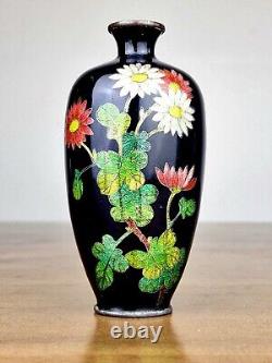 A Mirror Black Ground Japanese Cloisonne Vase with Ginbari Technique