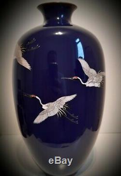 A Monumental Meiji Japanese Cloisonne Cranes Vase