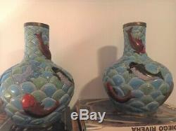 A Monumental Pair of of Early 20th C. Japanese Koi & Water Cloisonne Vases