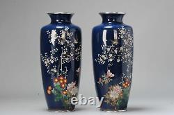 A Pair of Vases with flowers on blue cloisonné enamel Meiji era (1868-1912)