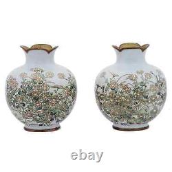 A Rare Pair of Meiji Japanese Cloisonne Silver Wire Vases with Dandelions