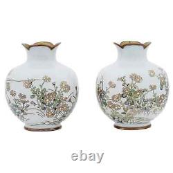 A Rare Pair of Meiji Japanese Cloisonne Silver Wire Vases with Dandelions