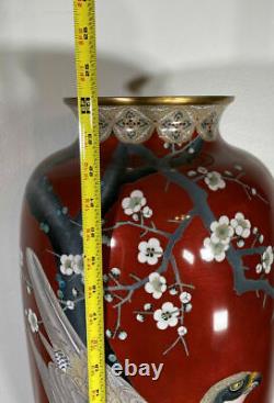 A Superb Big Vase Japanese Silver Wire Cloisonne Falcon & Prunus Meiji Era
