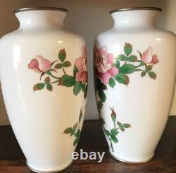 A pair of White japanese vintage cloisonne rose vases 7.25 Inches Tall