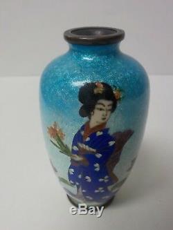 Adachi Kinjiro Japanese Meiji Cloisonne Ginbari Enamel 3.5 Vase, Geisha