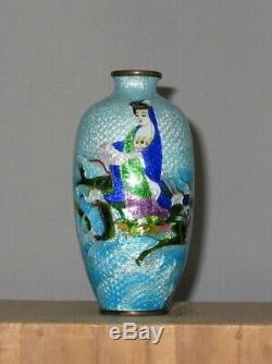 Adachi Signed Meiji Japanese Ginbari Cloisonne Enamel Vase Deity Riding Serpent