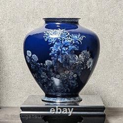 Ando Cloisonne Blue Vase Japanese Traditional Craft in wooden Box Height 9.6