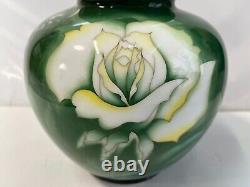 Ando Cloisonne Vase GREEN ENAMEL White rose pattern 7.4 inch tall Japanese Pot