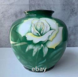 Ando Cloisonne Vase GREEN ENAMEL White rose pattern 7.4 inch tall Japanese Pot