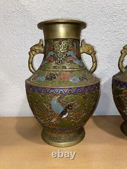 Antique 1900 Japanese Bronze Enameled Champleve Vase Set Of 2
