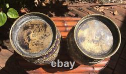 Antique 1900 Japanese Bronze Enameled Champleve Vase Set Of 2