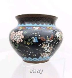 Antique 19C Japanese Meiji Period Black Enamel Cloisonne Vase Blossoms Butterfly