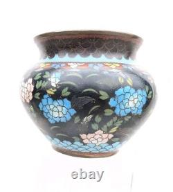 Antique 19C Japanese Meiji Period Black Enamel Cloisonne Vase Blossoms Butterfly