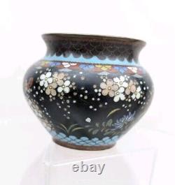 Antique 19C Japanese Meiji Period Black Enamel Cloisonne Vase Blossoms Butterfly