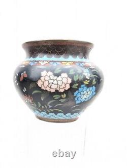 Antique 19C Japanese Meiji Period Black Enamel Cloisonne Vase Blossoms Butterfly