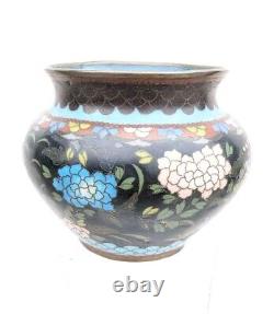 Antique 19C Japanese Meiji Period Black Enamel Cloisonne Vase Blossoms Butterfly