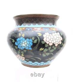 Antique 19C Japanese Meiji Period Black Enamel Cloisonne Vase Blossoms Butterfly