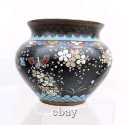 Antique 19C Japanese Meiji Period Black Enamel Cloisonne Vase Blossoms Butterfly