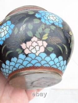 Antique 19C Japanese Meiji Period Black Enamel Cloisonne Vase Blossoms Butterfly