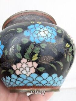 Antique 19C Japanese Meiji Period Black Enamel Cloisonne Vase Blossoms Butterfly