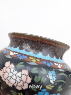 Antique 19C Japanese Meiji Period Black Enamel Cloisonne Vase Blossoms Butterfly