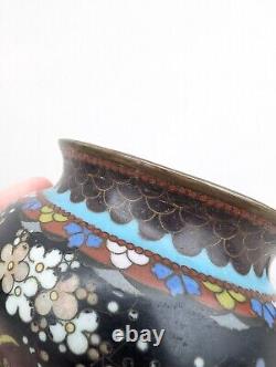 Antique 19C Japanese Meiji Period Black Enamel Cloisonne Vase Blossoms Butterfly