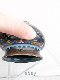 Antique 19C Japanese Meiji Period Black Enamel Cloisonne Vase Blossoms Butterfly