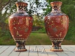 Antique 19th Century Japanese Meiji Cloisonné Enamel Goldstone Bronze Vases Pair